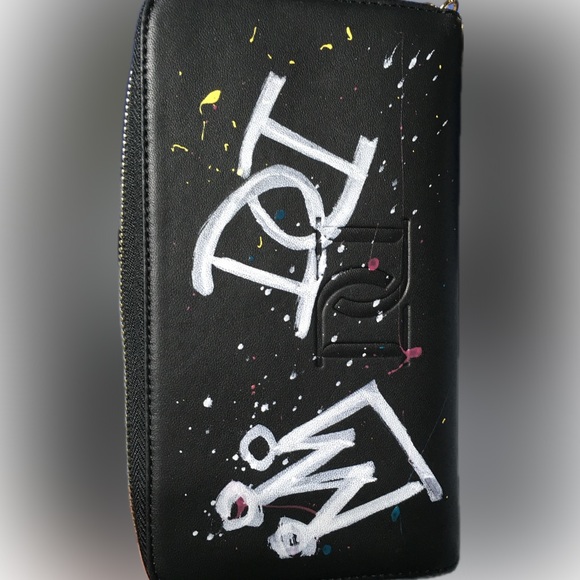 DESERI Black Leather and Gold Handware Paris Wristlet Clutch Paris Hand Painted - Picture 11 of 16